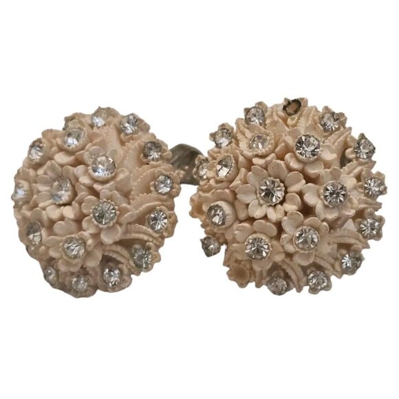 1950's Vintage Celluloid Rhinestone Daisy Floral Bouquet Bridal Clip Earrings 1" - Picture 9 of 13